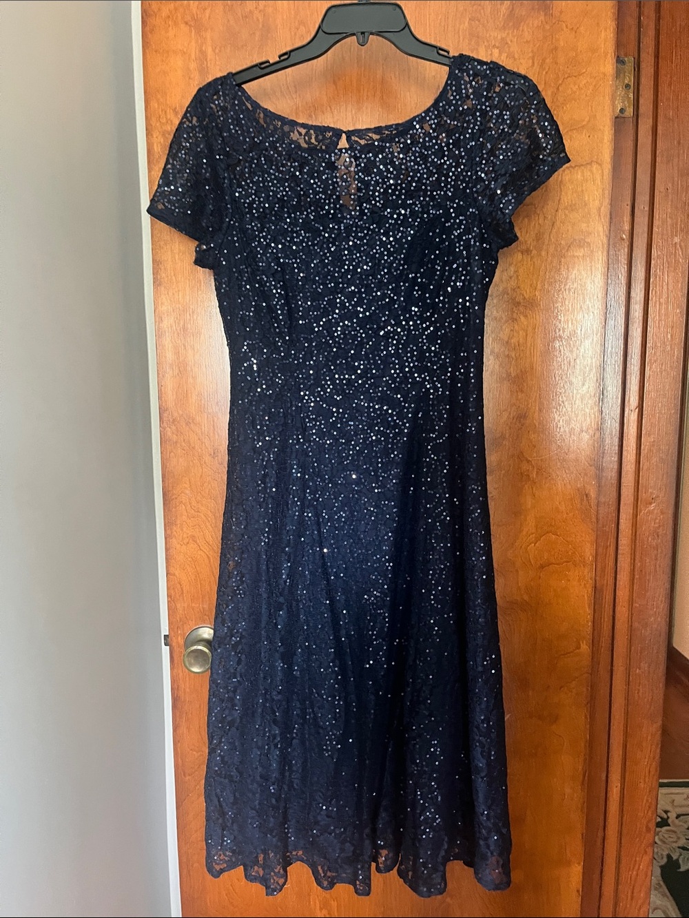 Navy Lace Midi Dress with Sequin Detail